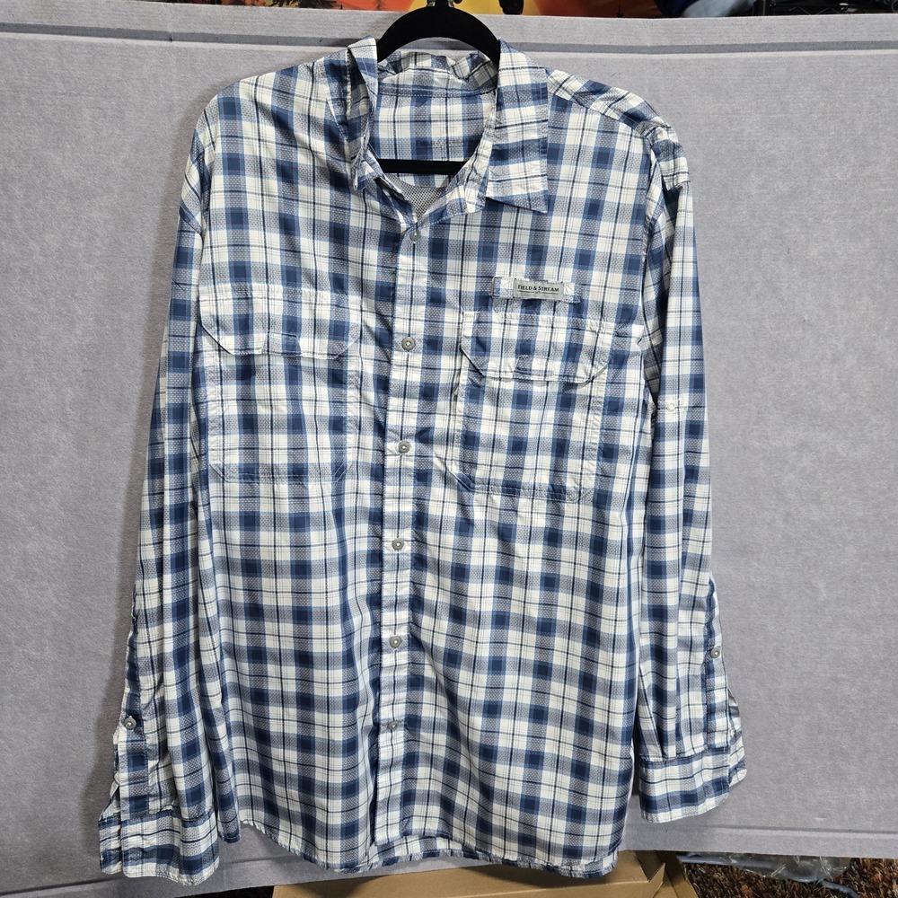 Field & Stream Mens XL Plaid Button Down Shirt Blue Vented Back Fishing Hiking